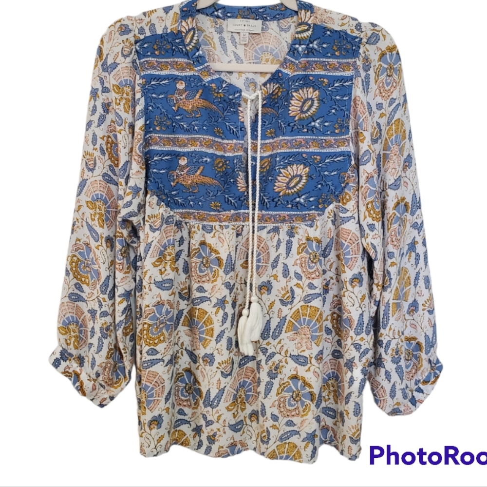 Lucky Brand Print Mix Boho Split Neck Peasant Blouse with Tassels Medium